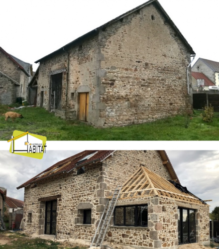 Rénovation d'une grange (Charpente, solivages, maçonnerie, extension, menuiseries)